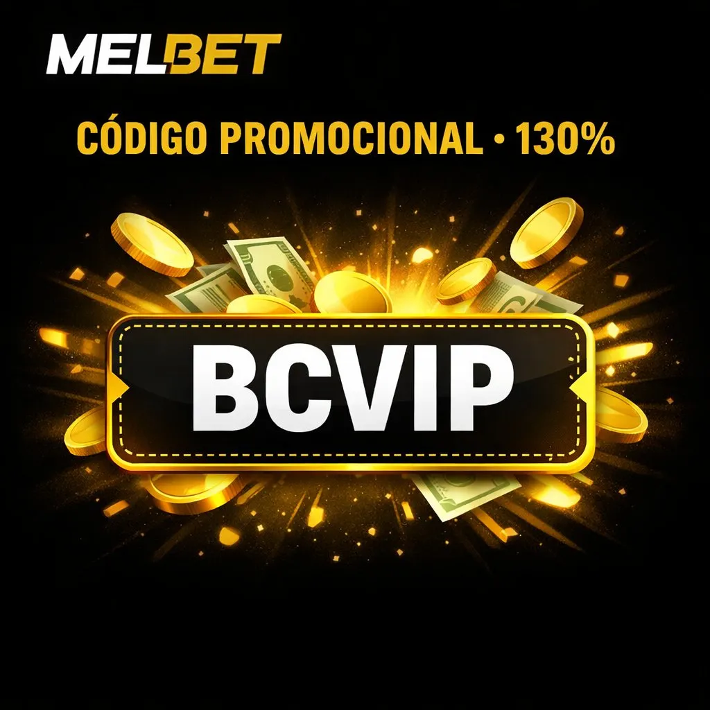 Melbet codigo promocional BCVIP texto dorado regalo caja negra neon