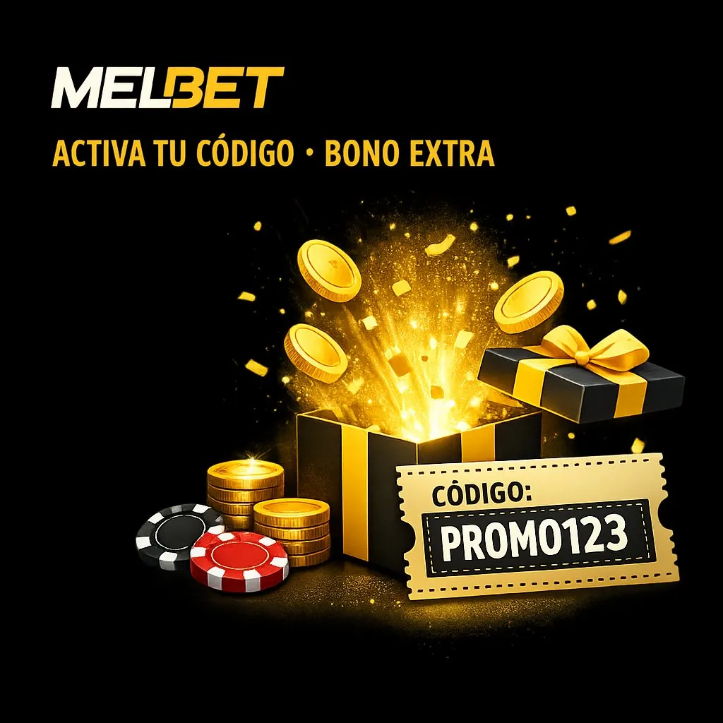 Melbet promo codigo dorado ticket cupón brillante fondo oscuro