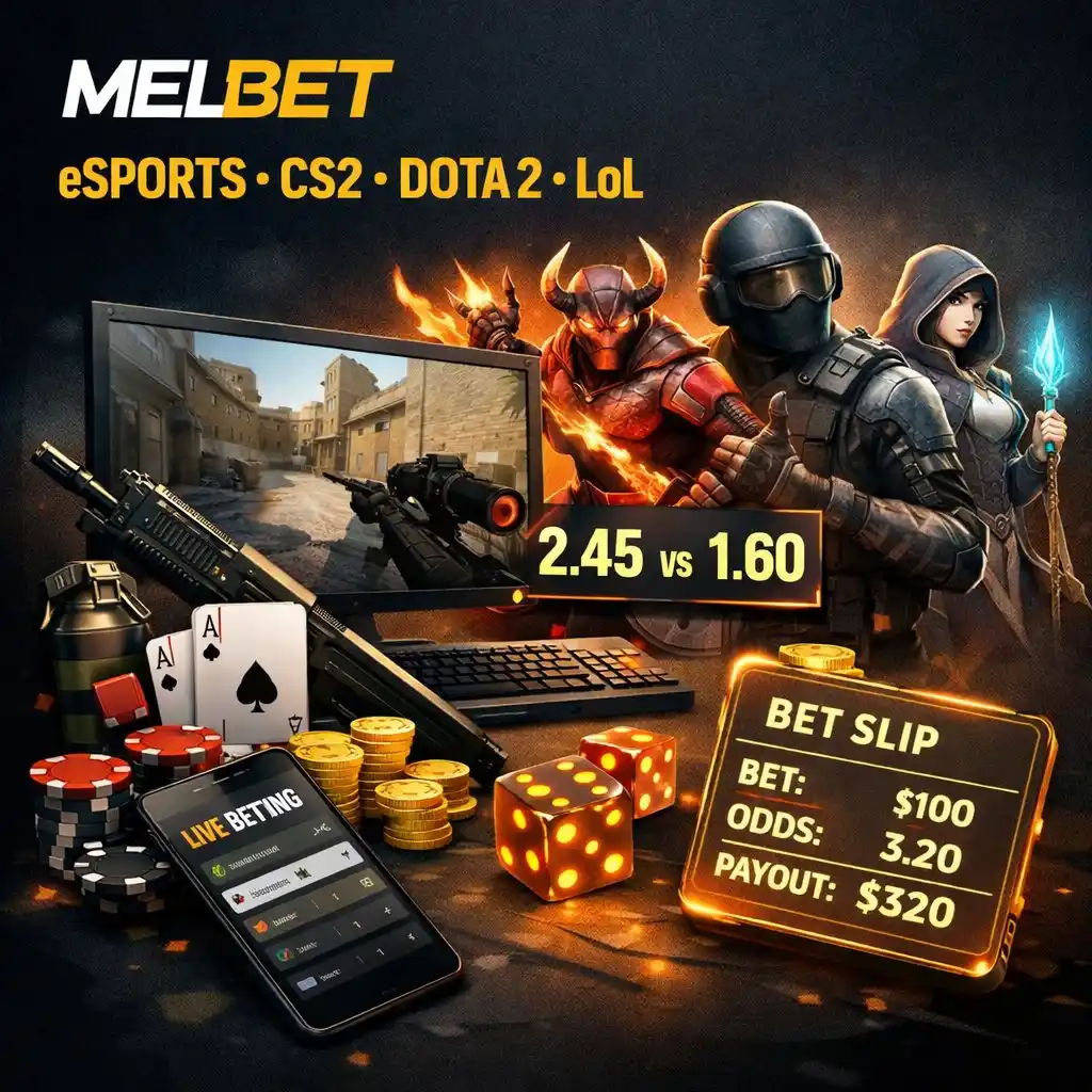 Melbet esports CS2 Dota2 controlador dorado teclado oscuro neon morado